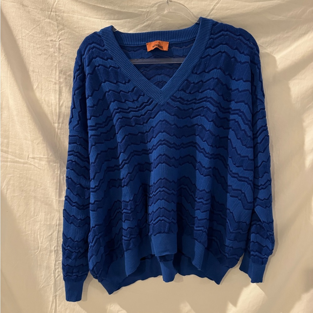 Missoni Blue V-Neck Sweater with Textured Knit